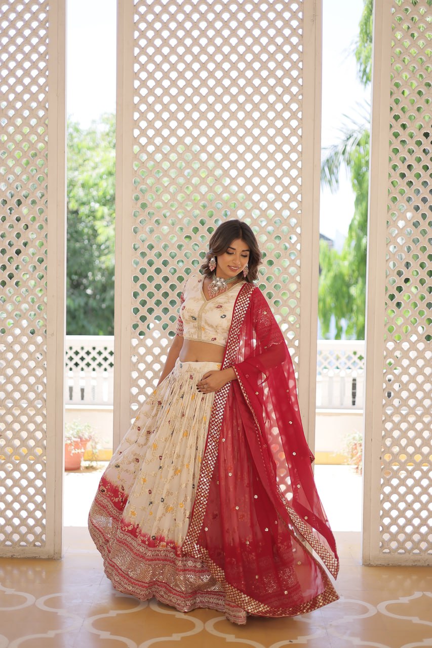 Stunning Viscose Jacquard Off White Lehenga Set with Embroidered Sequins and Faux Blooming Dupatta