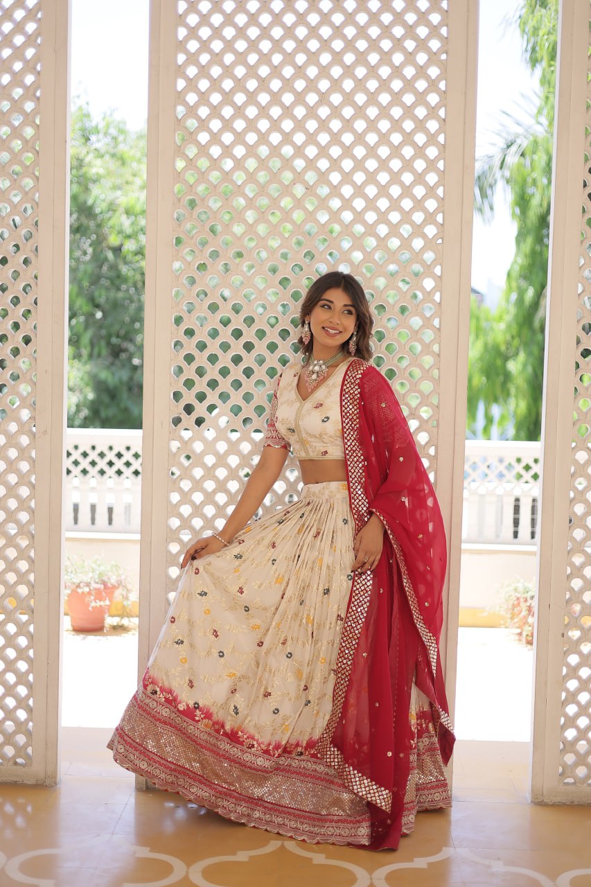 Stunning Viscose Jacquard Off White Lehenga Set with Embroidered Sequins and Faux Blooming Dupatta
