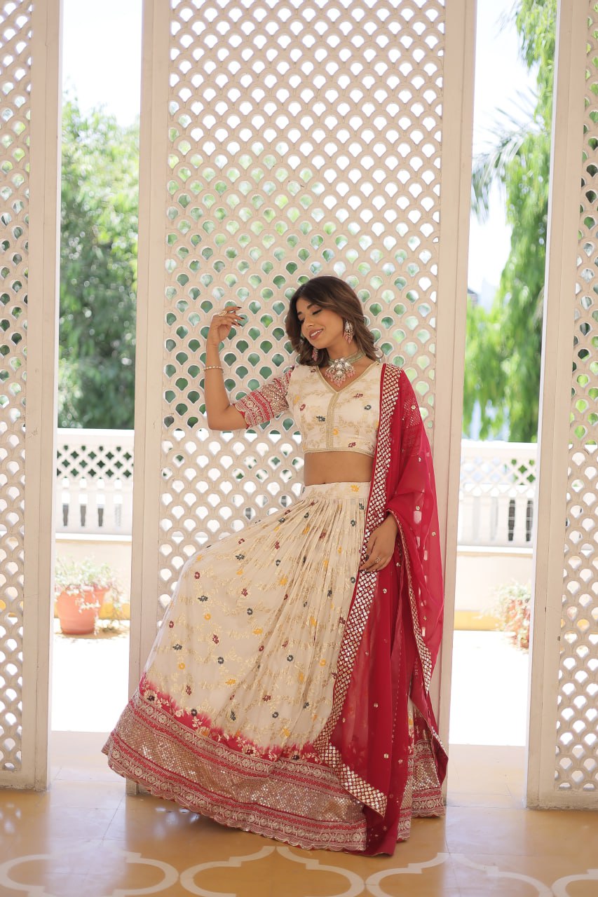 Stunning Viscose Jacquard Off White Lehenga Set with Embroidered Sequins and Faux Blooming Dupatta