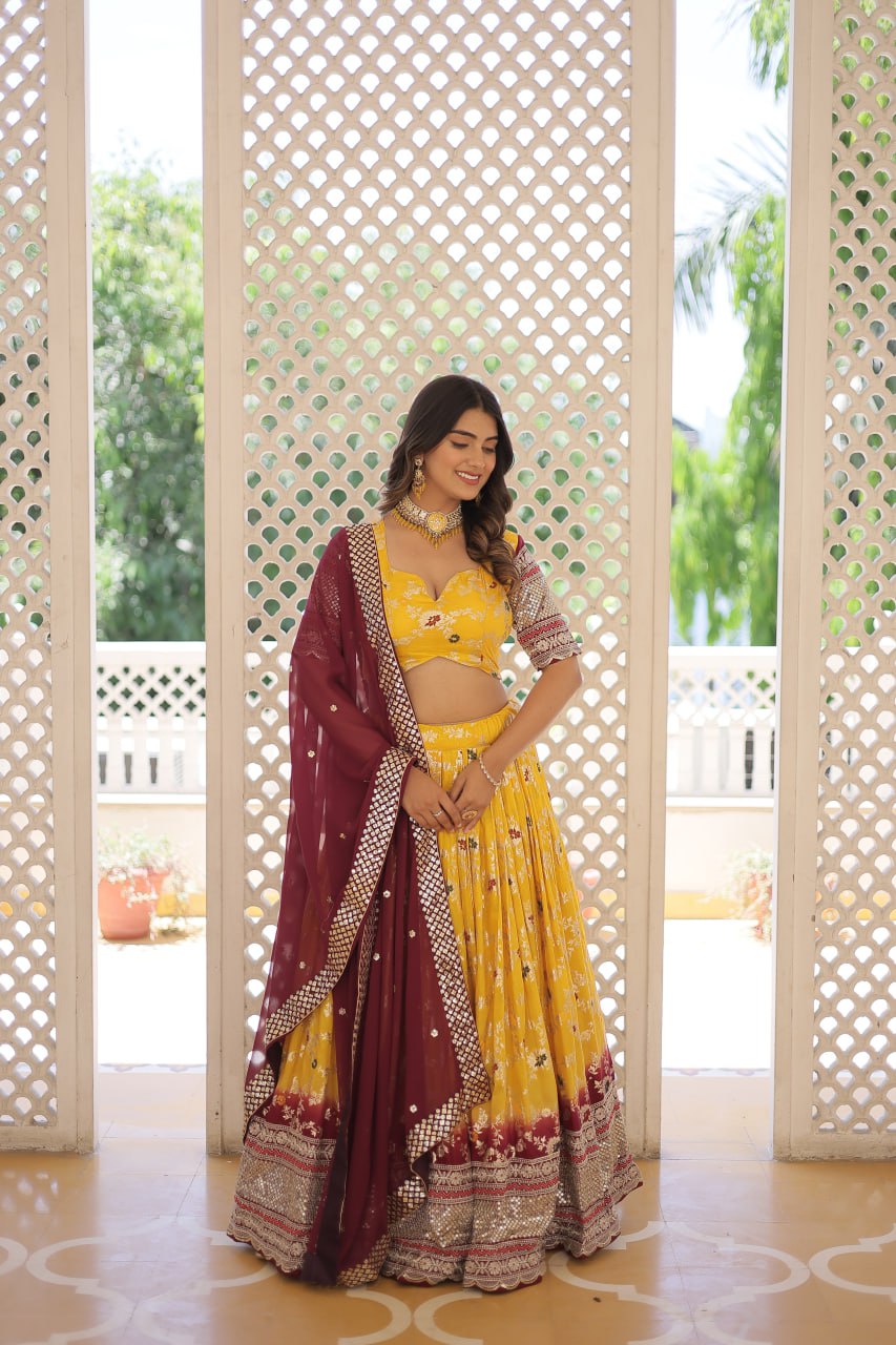 Stunning Viscose Jacquard Yellow & Maroon Lehenga Set with Embroidered Sequins and Faux Blooming Dupatta