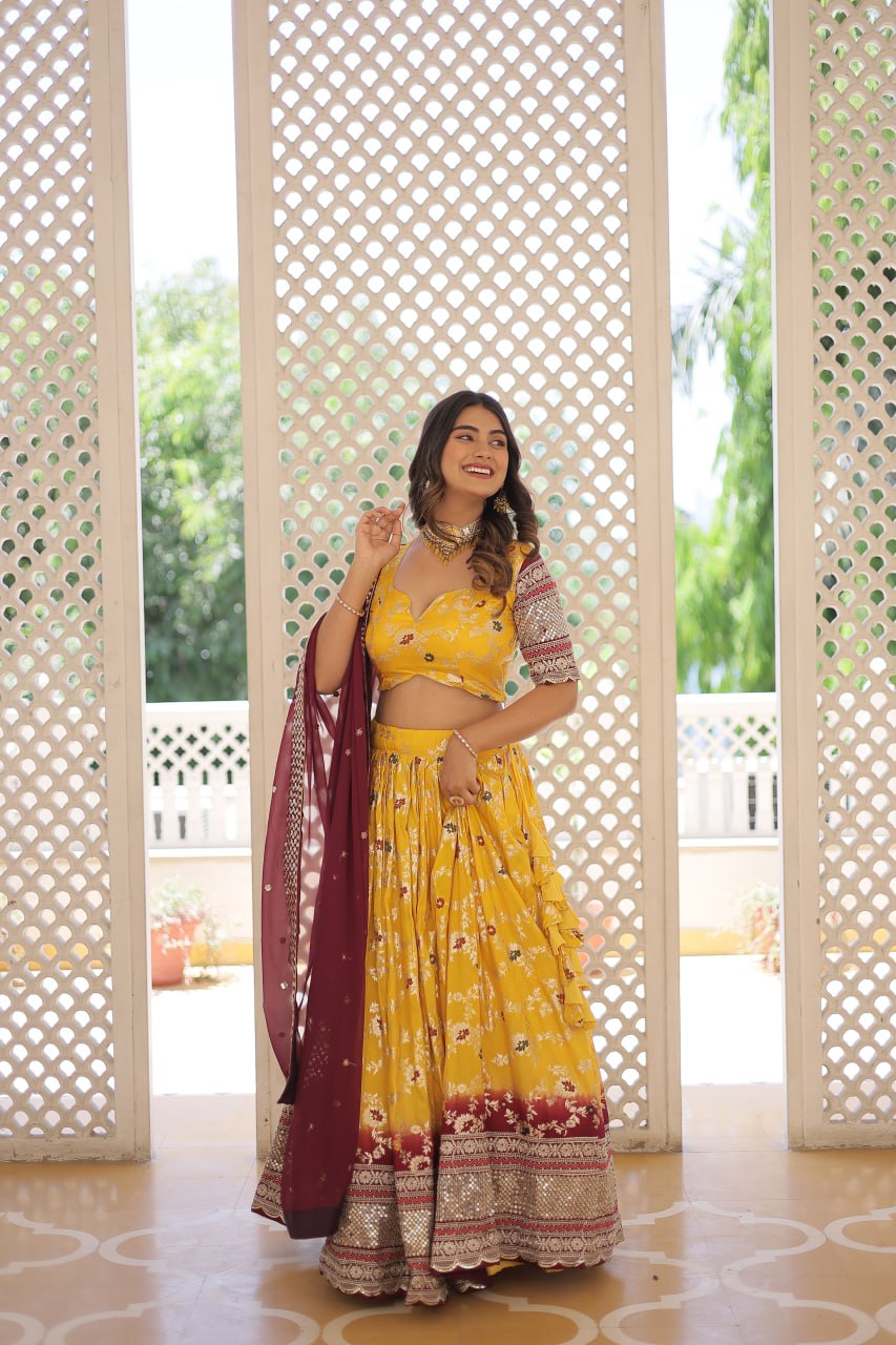 Stunning Viscose Jacquard Yellow & Maroon Lehenga Set with Embroidered Sequins and Faux Blooming Dupatta