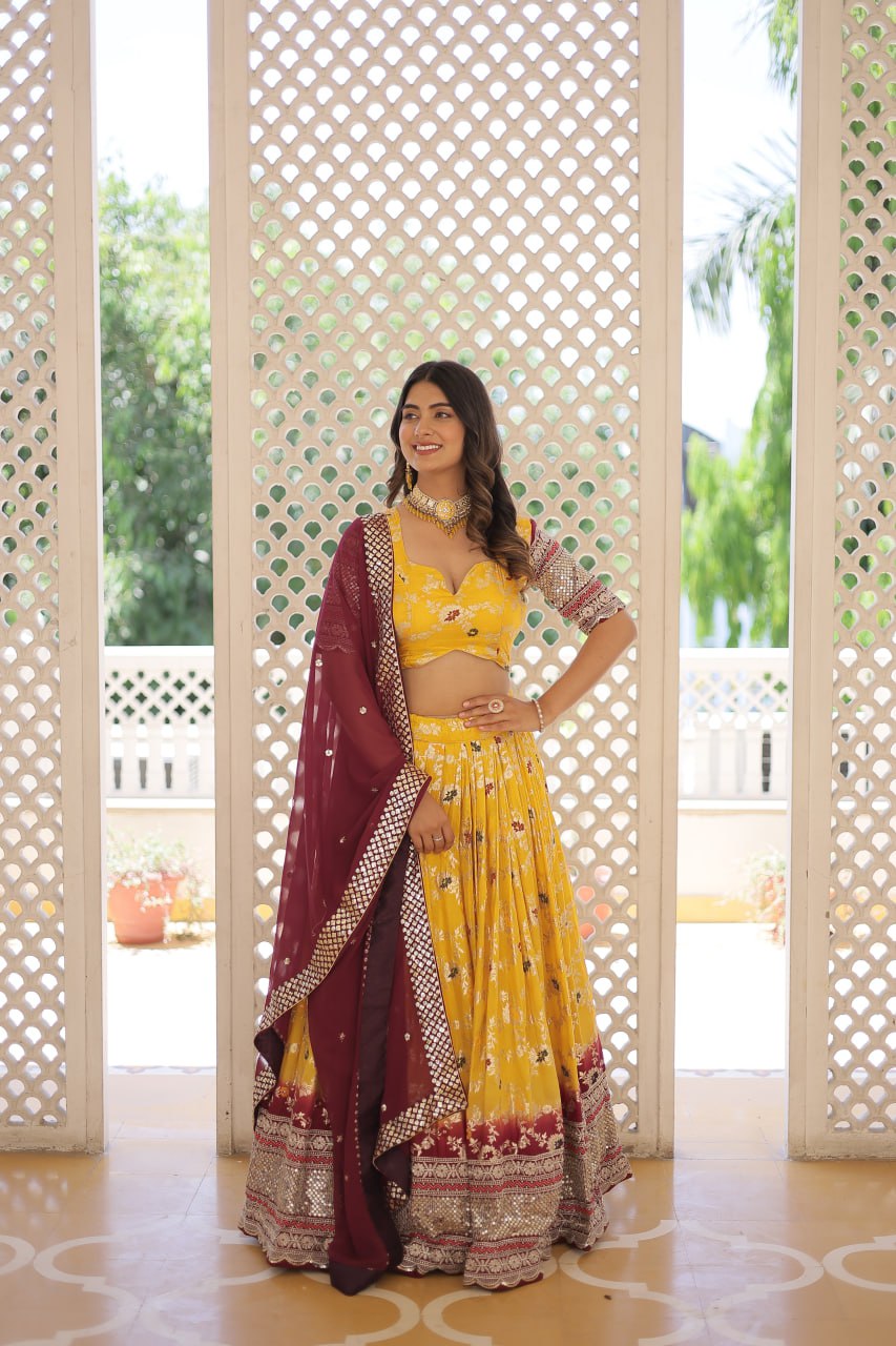 Stunning Viscose Jacquard Yellow & Maroon Lehenga Set with Embroidered Sequins and Faux Blooming Dupatta