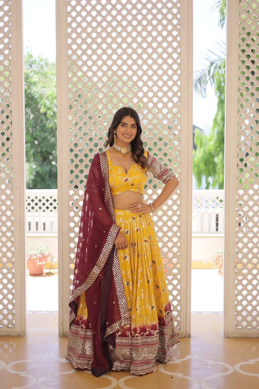 Stunning Viscose Jacquard Yellow & Maroon Lehenga Set with Embroidered Sequins and Faux Blooming Dupatta