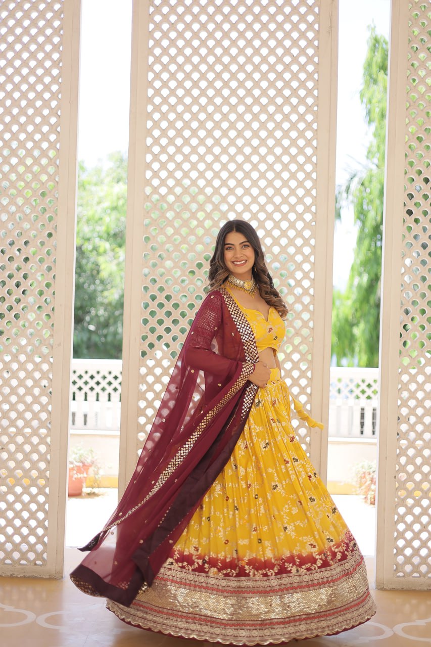 Stunning Viscose Jacquard Yellow & Maroon Lehenga Set with Embroidered Sequins and Faux Blooming Dupatta