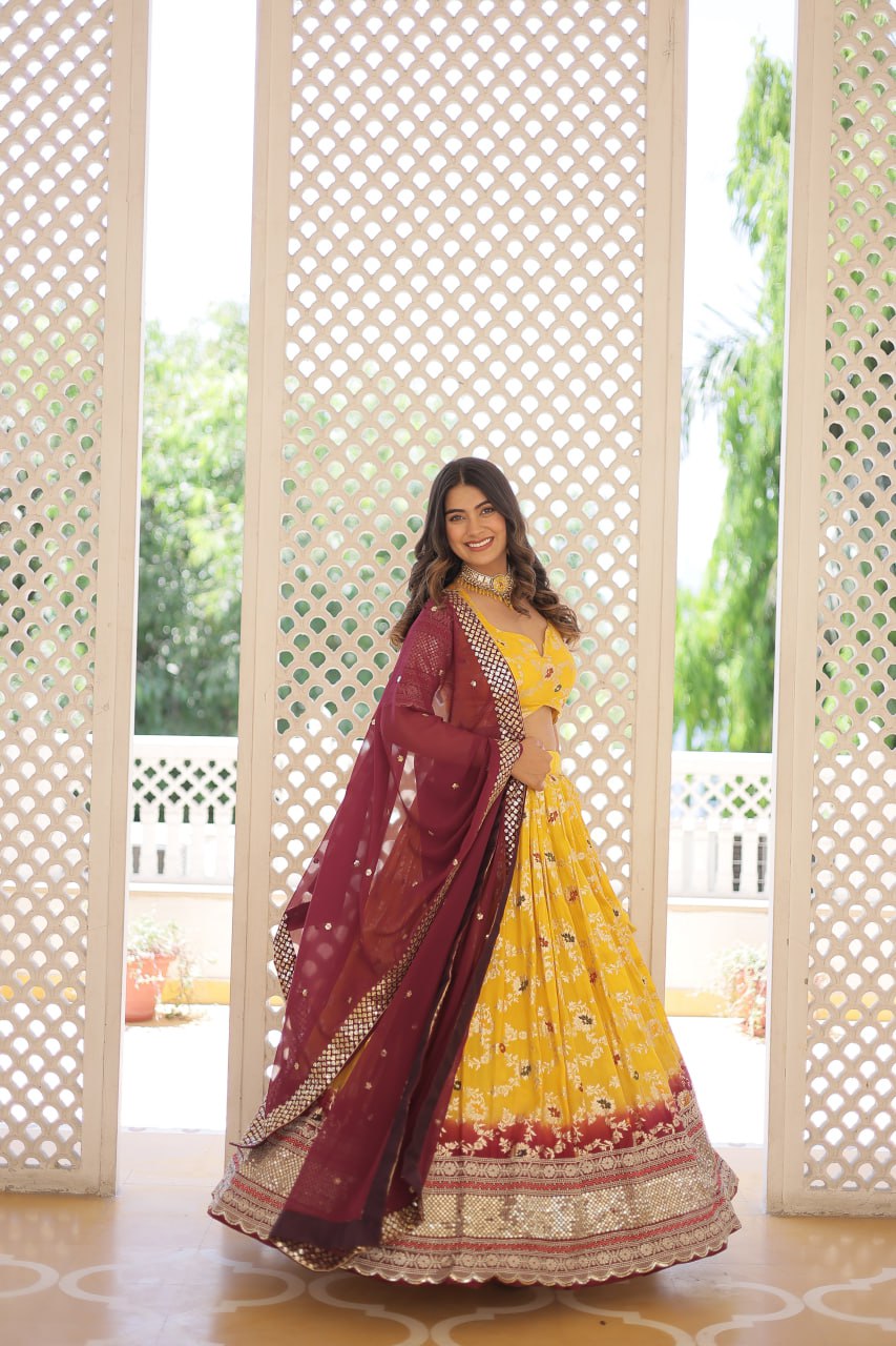 Stunning Viscose Jacquard Yellow & Maroon Lehenga Set with Embroidered Sequins and Faux Blooming Dupatta