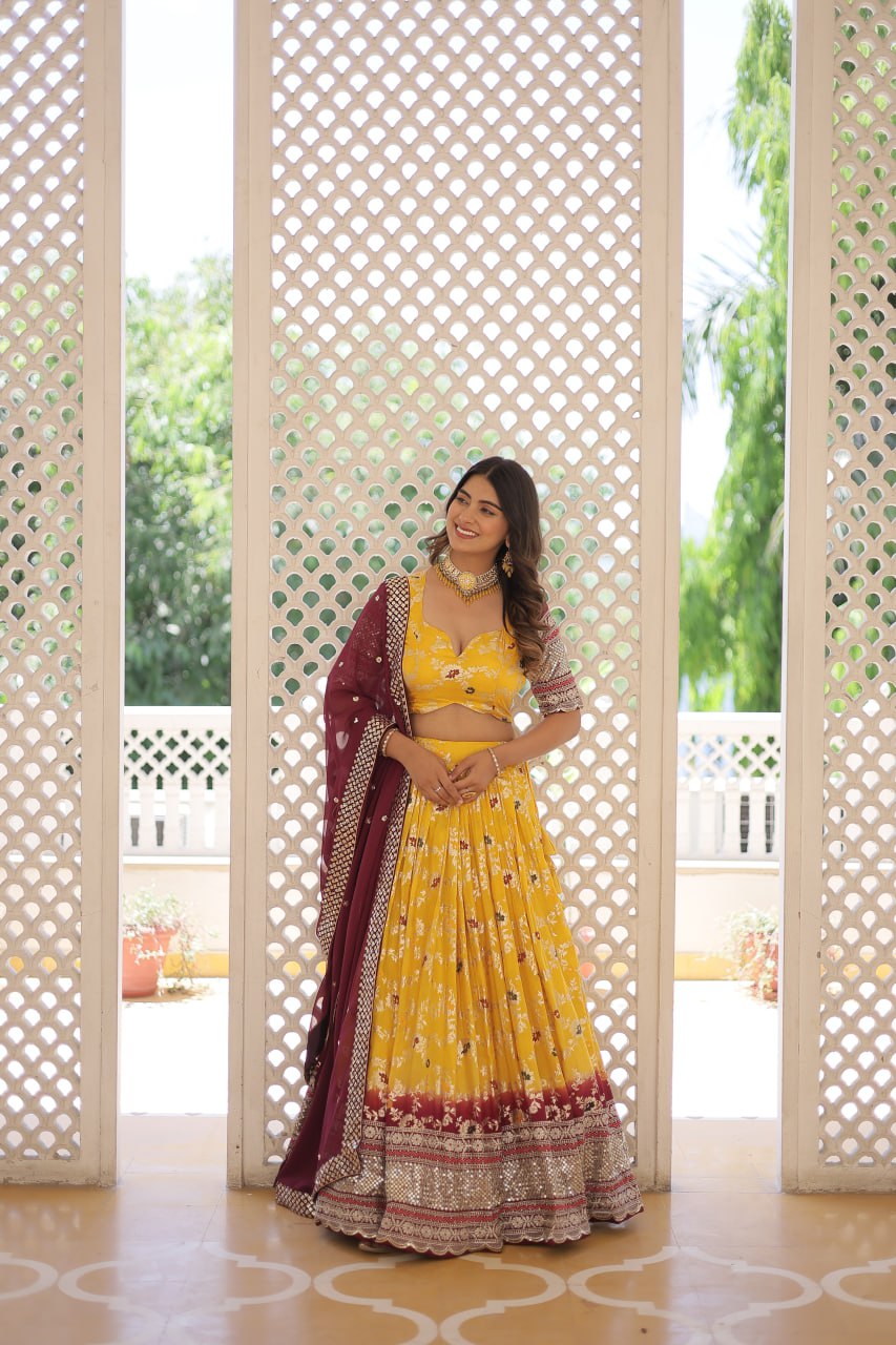 Stunning Viscose Jacquard Yellow & Maroon Lehenga Set with Embroidered Sequins and Faux Blooming Dupatta