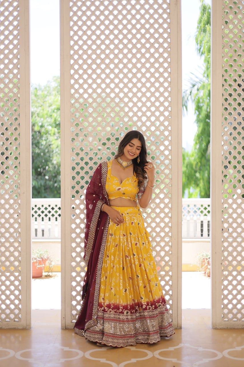 Stunning Viscose Jacquard Yellow & Maroon Lehenga Set with Embroidered Sequins and Faux Blooming Dupatta