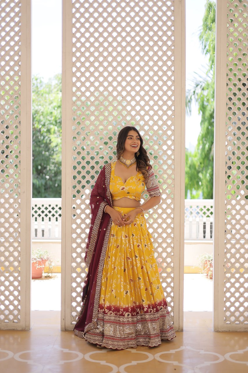 Stunning Viscose Jacquard Yellow & Maroon Lehenga Set with Embroidered Sequins and Faux Blooming Dupatta