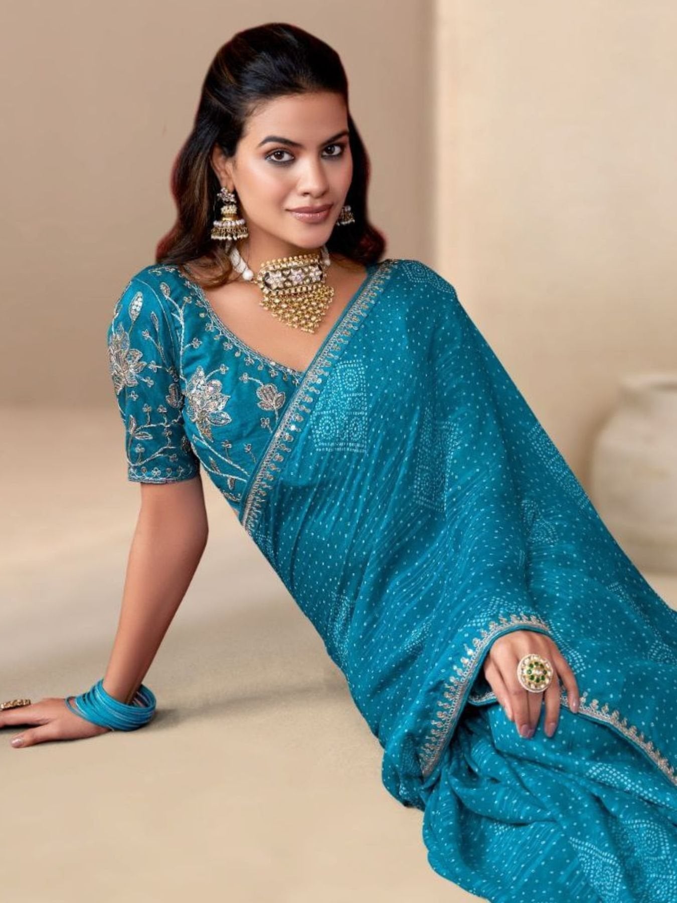 Blue Bandhani Saree in Georgette with Embroidered Border