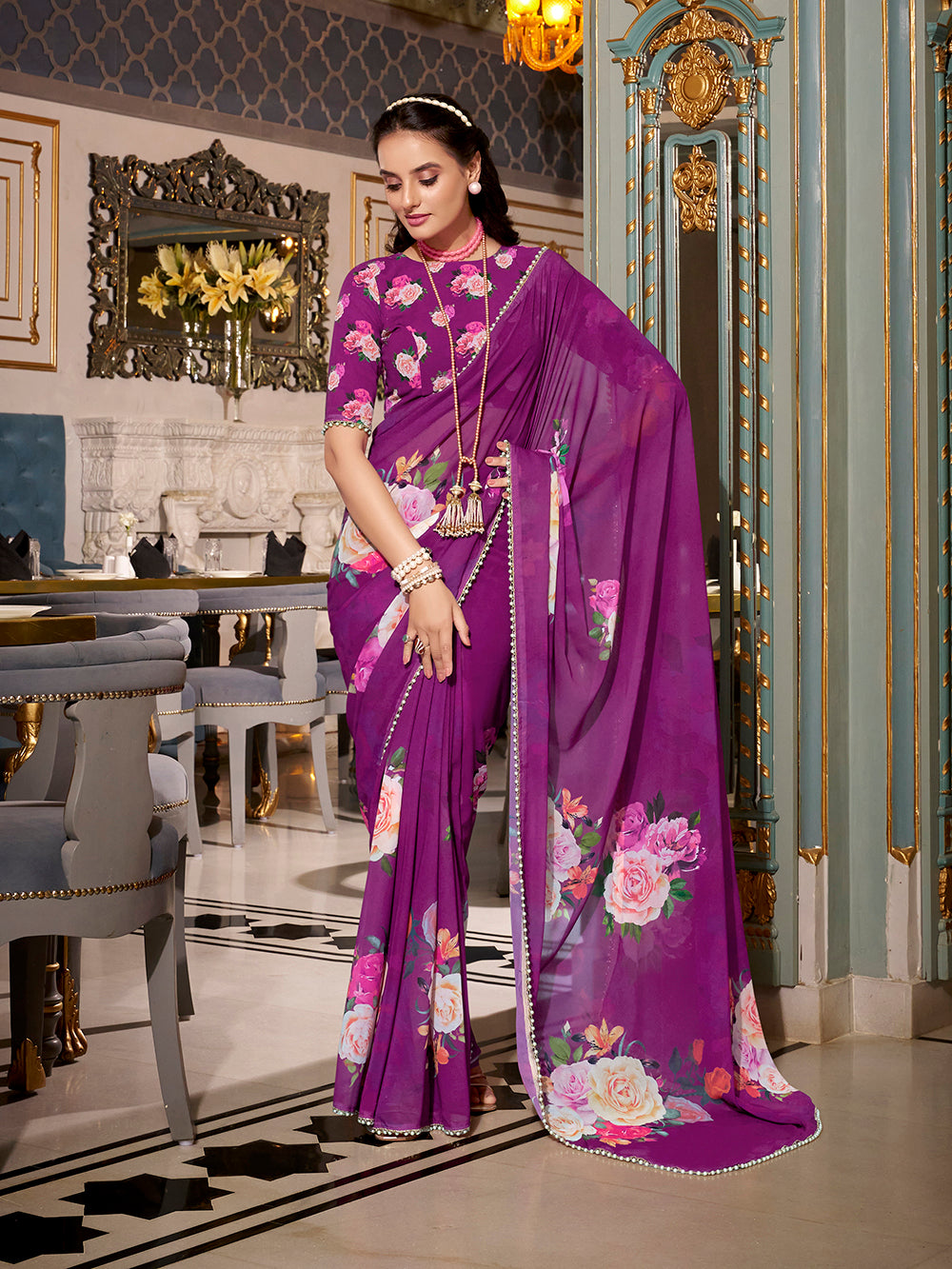 Purple georgette saree with printed design pearl lace border