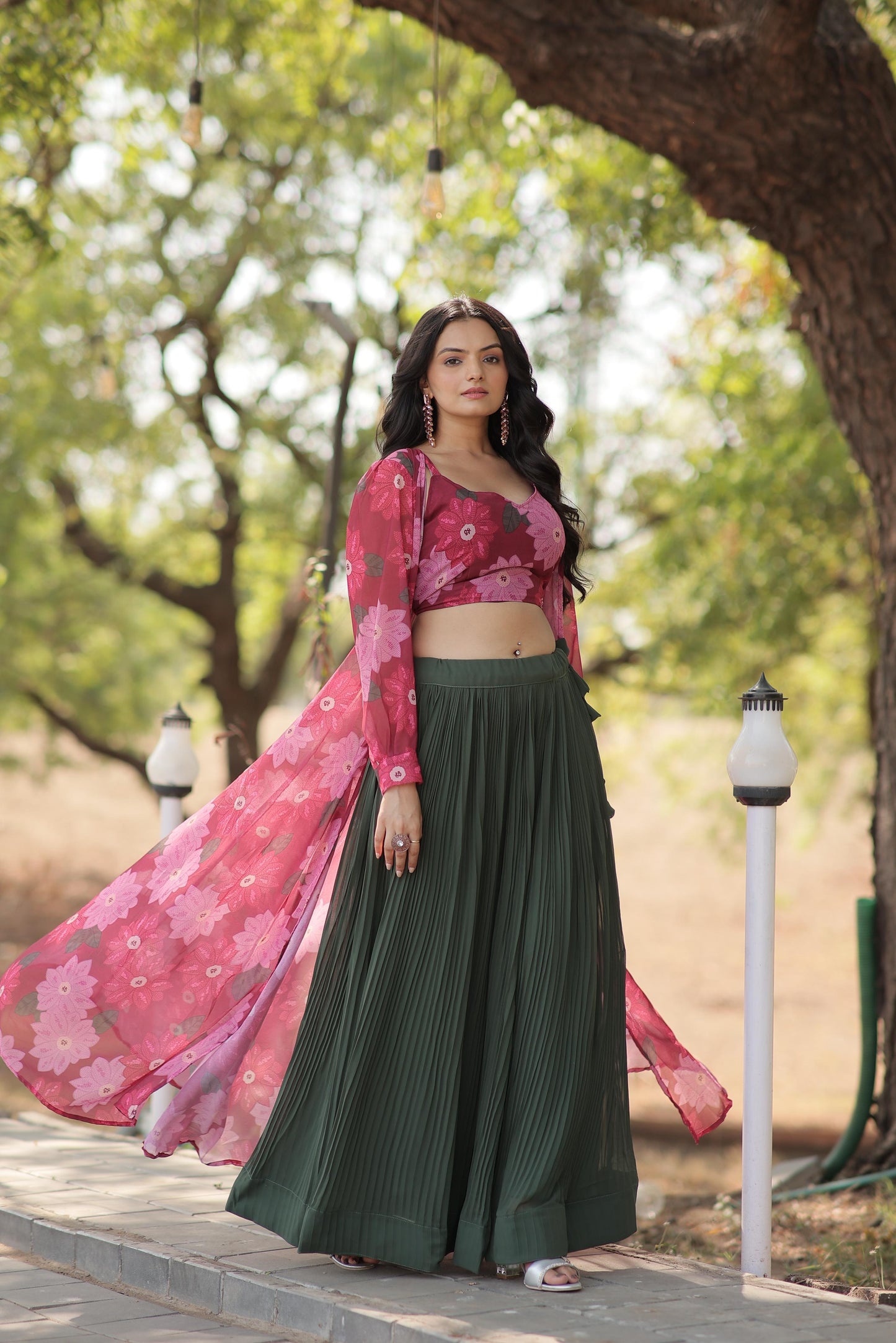 Stylish Crush Pleated Lehenga Choli Set With Floral Shrug