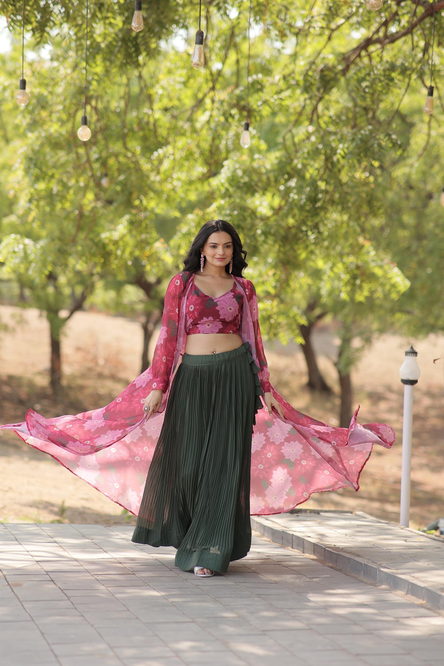 Stylish Crush Pleated Lehenga Choli Set With Floral Shrug