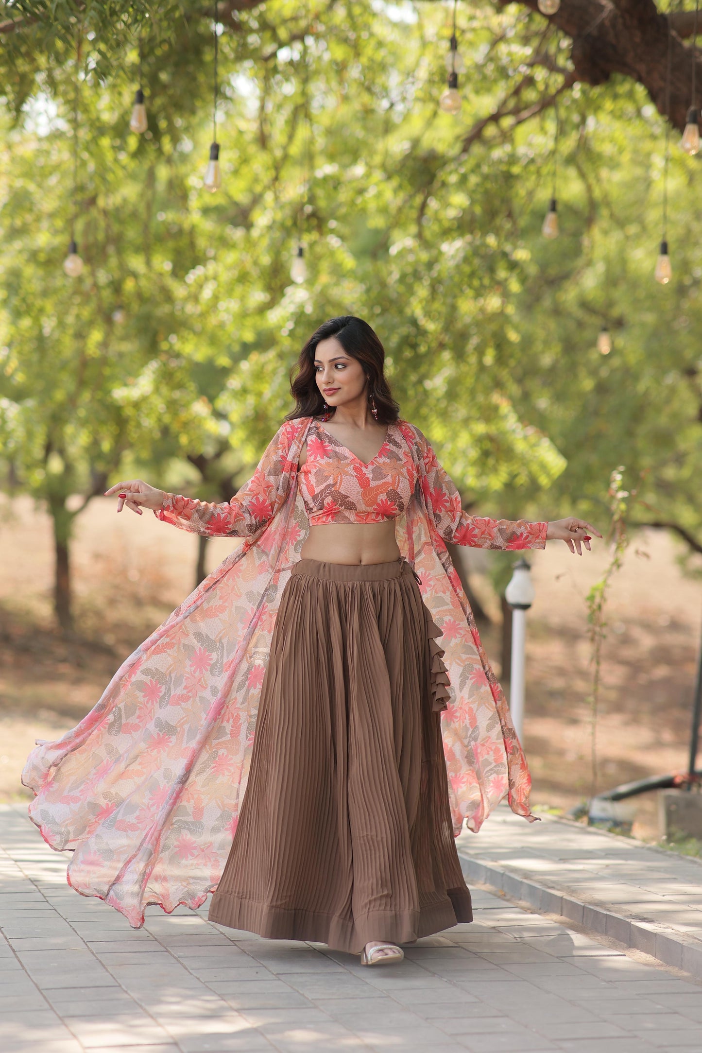 Stylish Crush Pleated Lehenga Choli Set With Floral Shrug