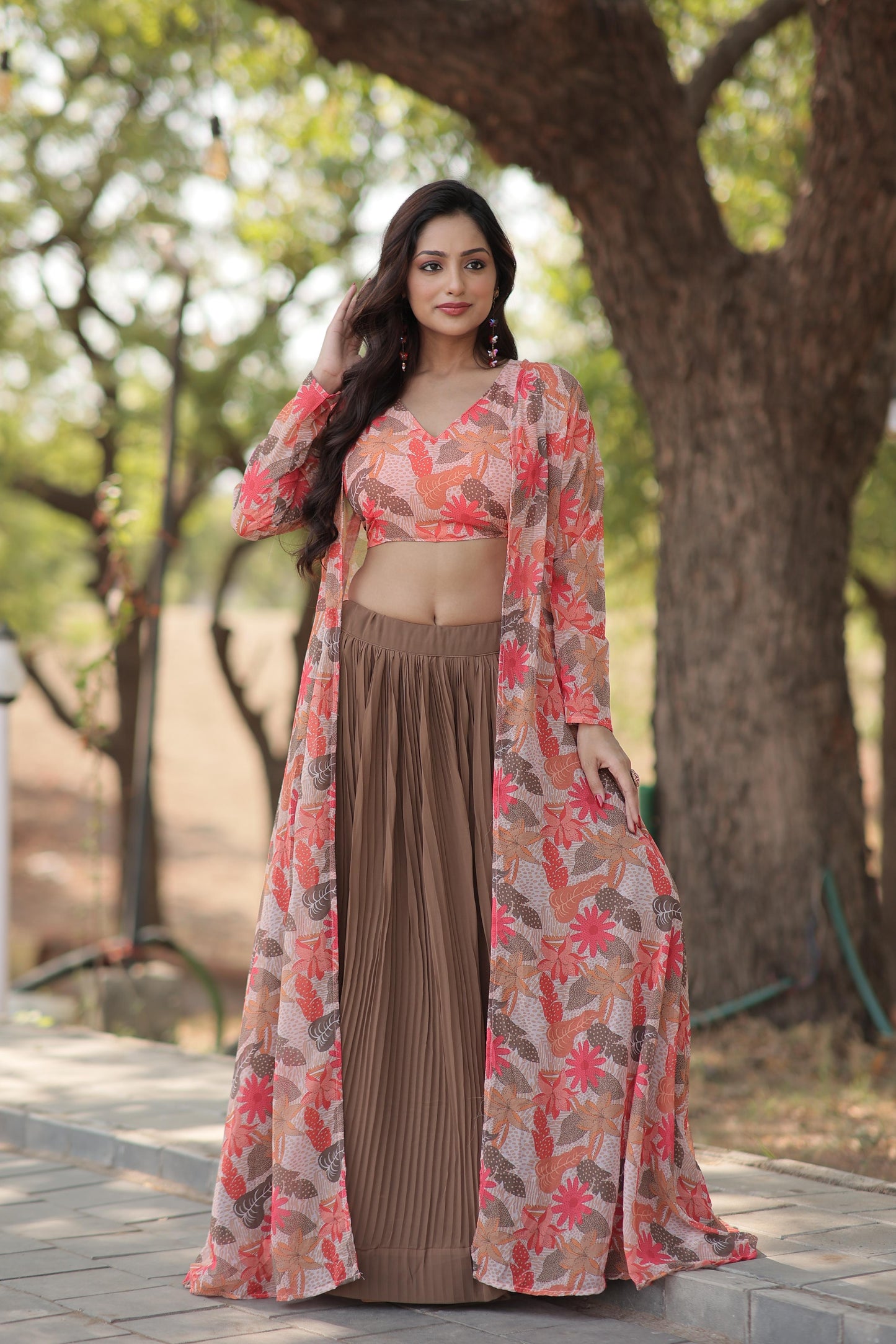 Stylish Crush Pleated Lehenga Choli Set With Floral Shrug