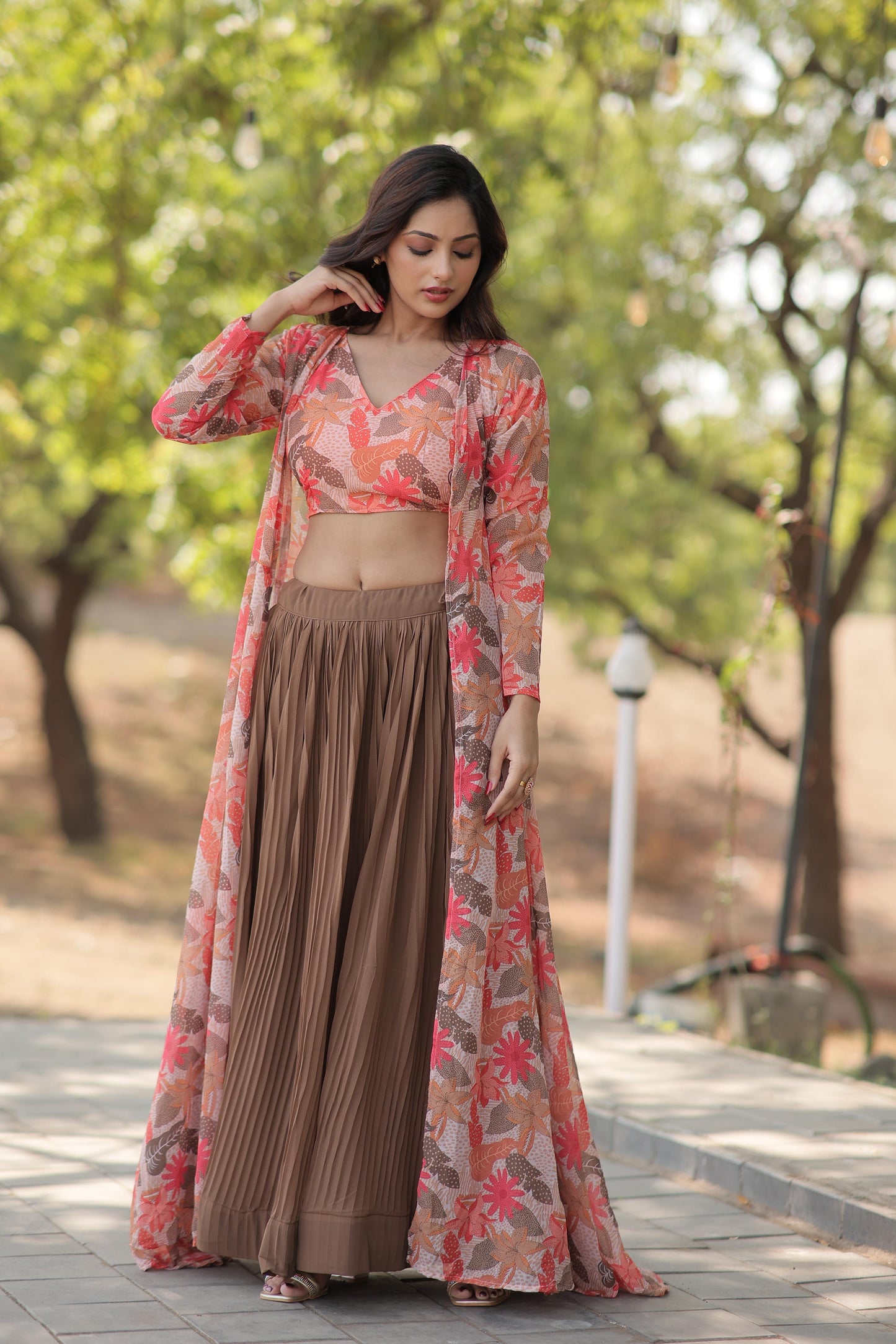 Stylish Crush Pleated Lehenga Choli Set With Floral Shrug