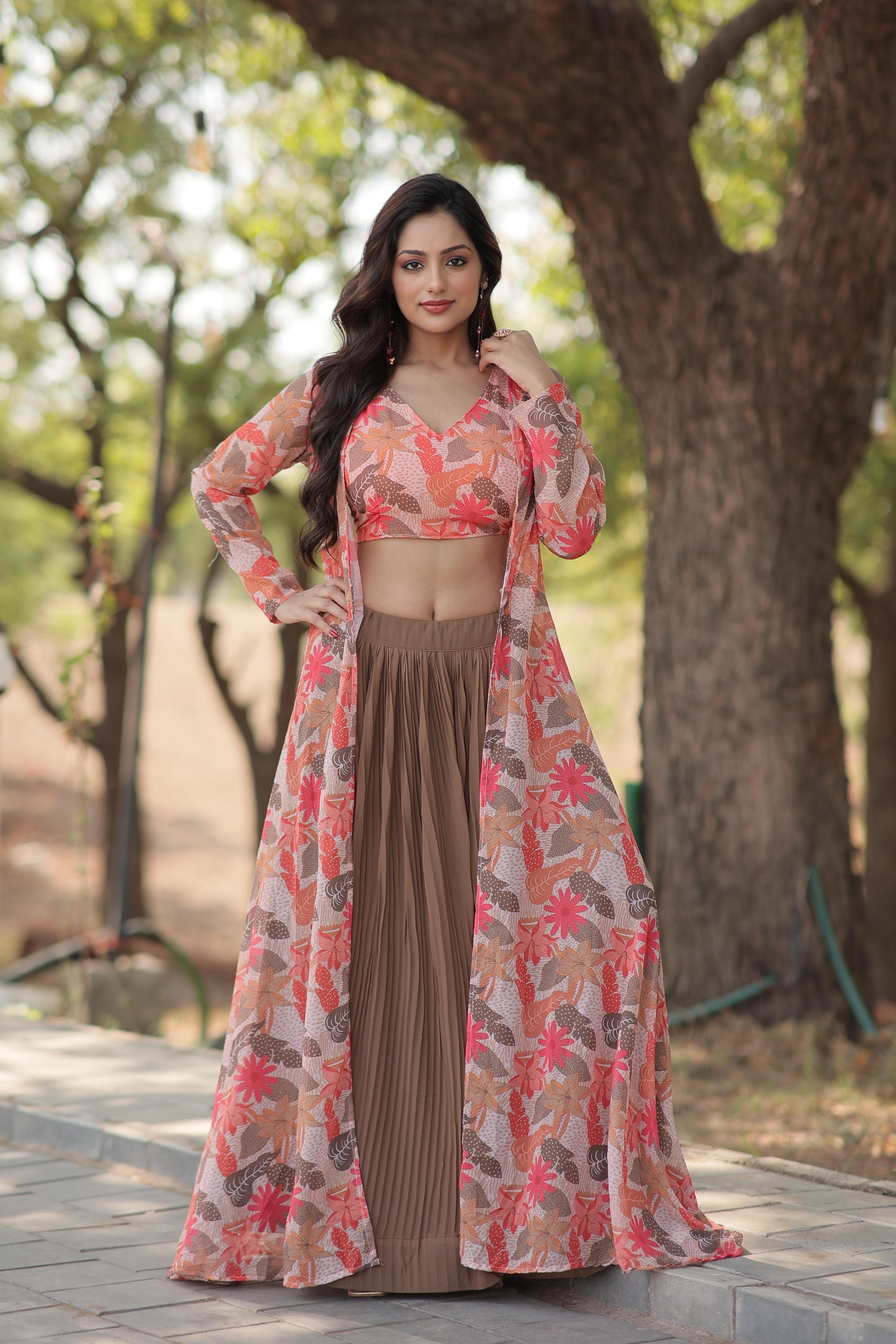 Stylish Crush Pleated Lehenga Choli Set With Floral Shrug