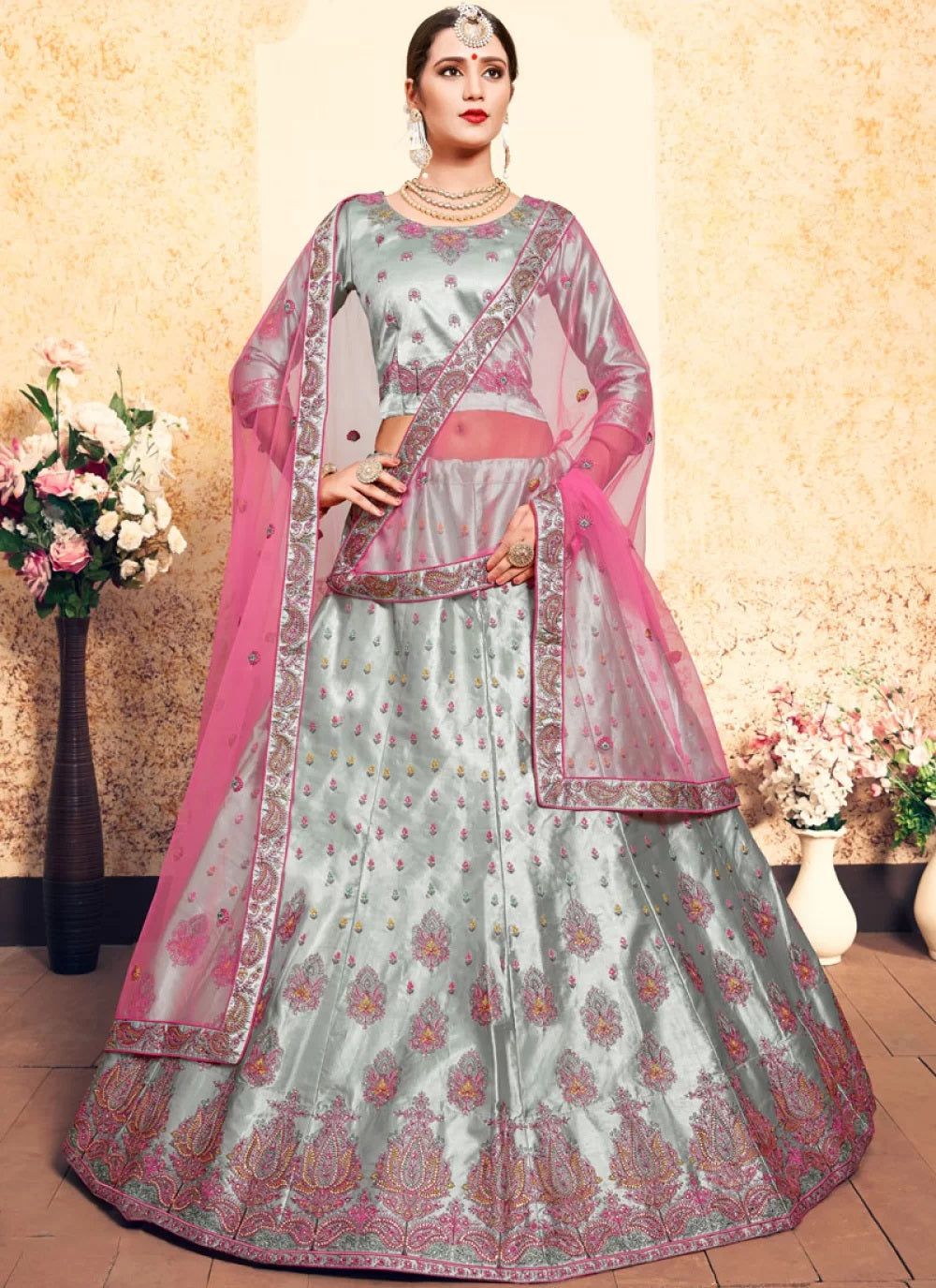 Stylish grey color satin stone work lehenga