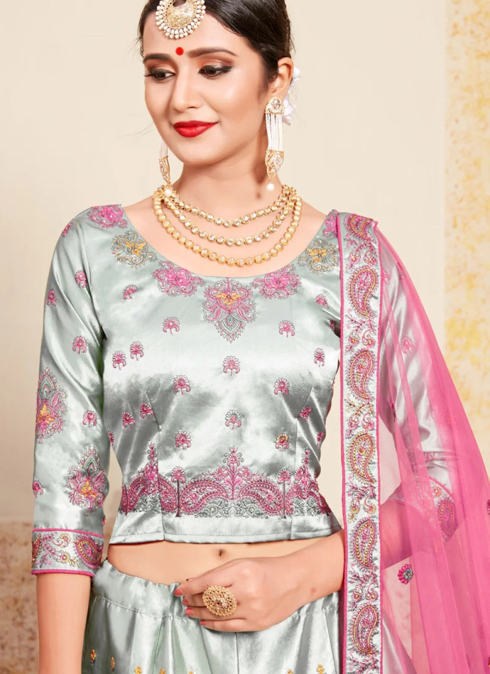 Stylish grey color satin stone work lehenga