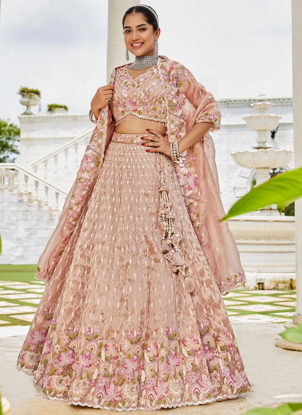 Stylish nude satin silk sequins bridal lehenga choli with dupatta