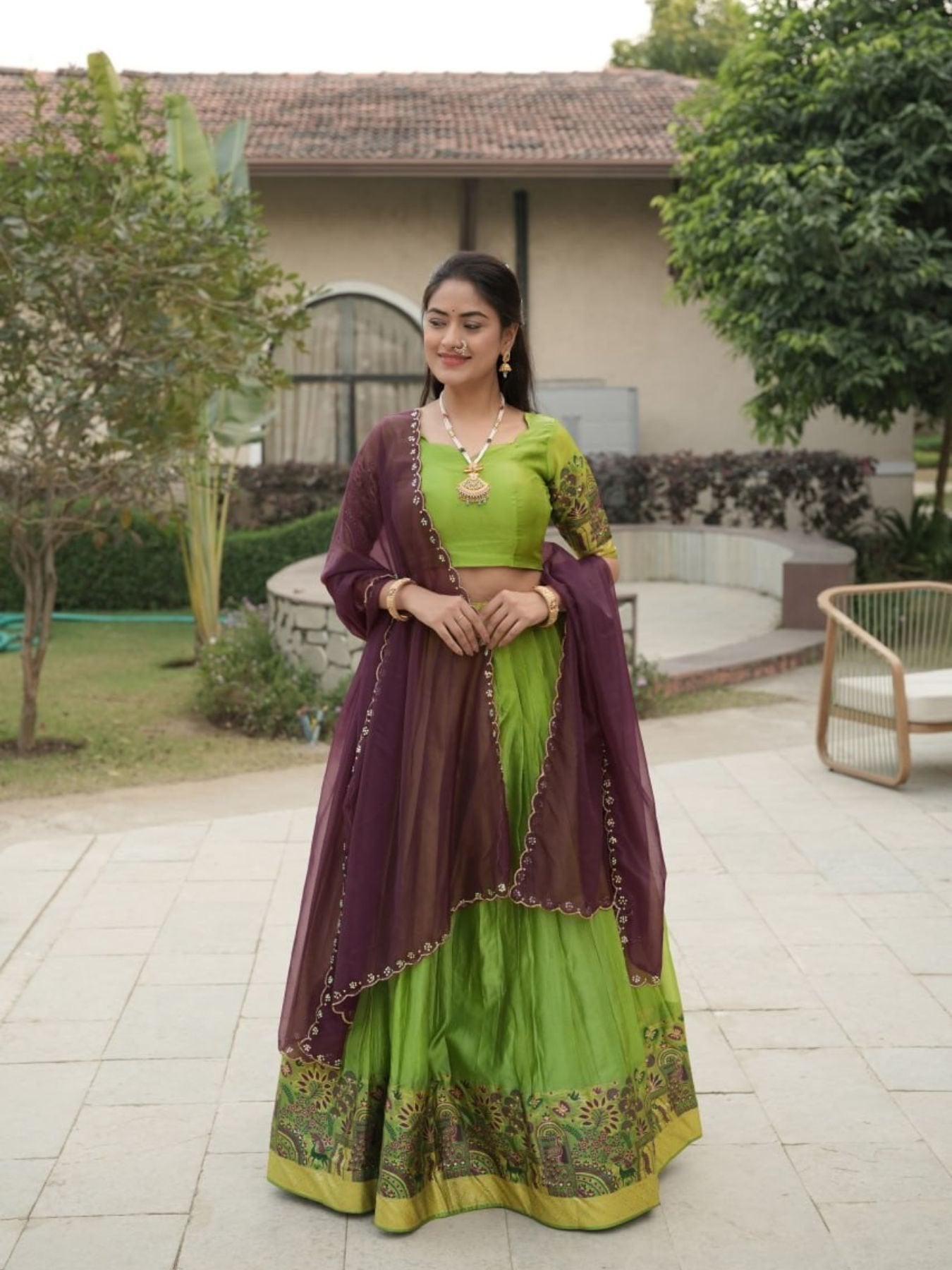 Silk Lehenga with Weaving Border and Zari Work for Bridal Functions