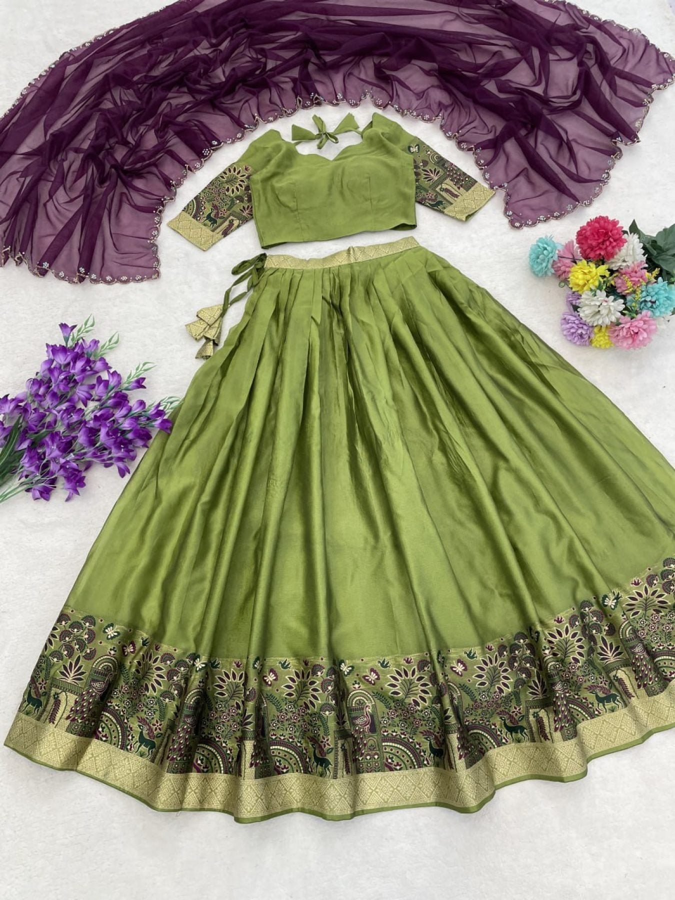 Silk Lehenga with Weaving Border and Zari Work for Bridal Functions