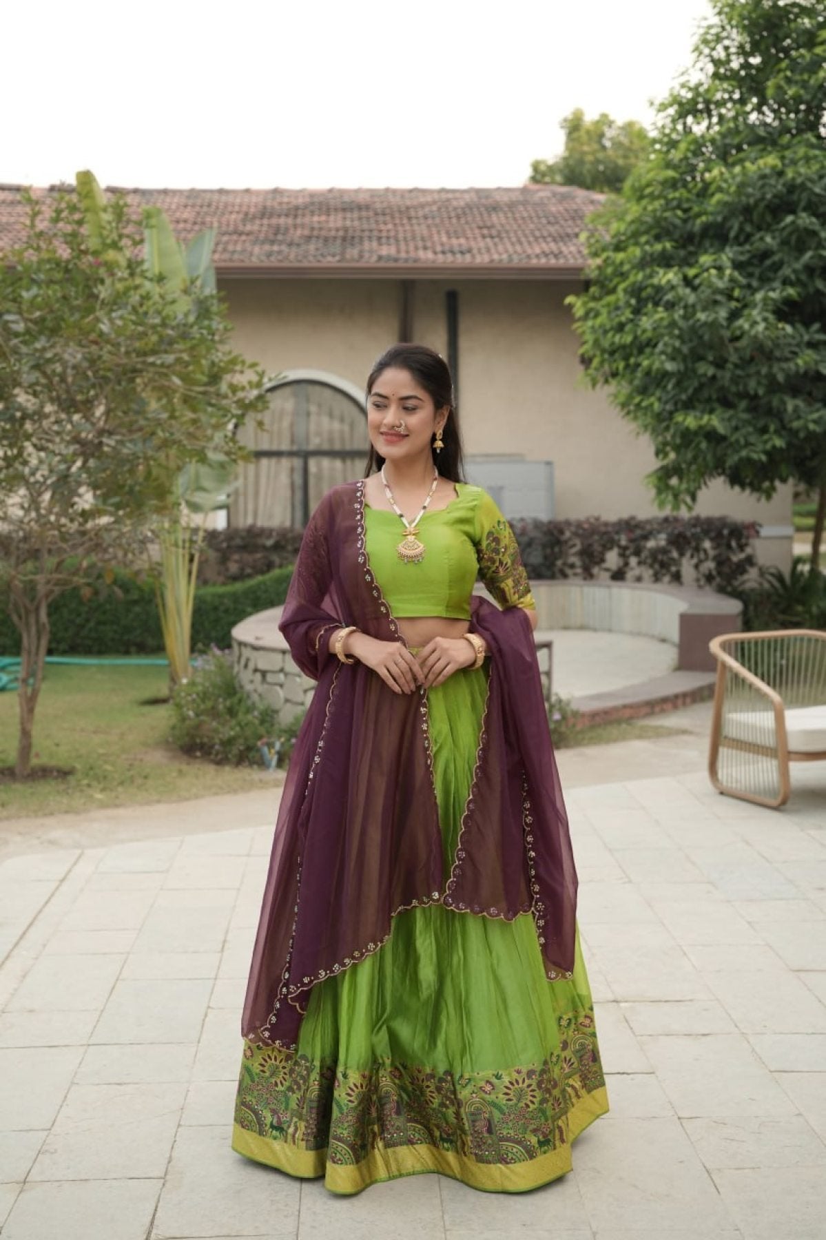 Silk Lehenga with Weaving Border and Zari Work for Bridal Functions