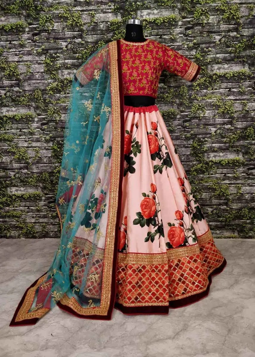 Stylish pink art silk print lehenga