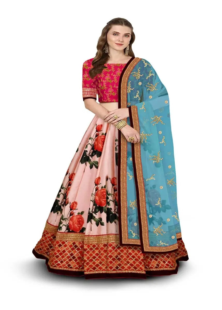 Stylish pink art silk print lehenga