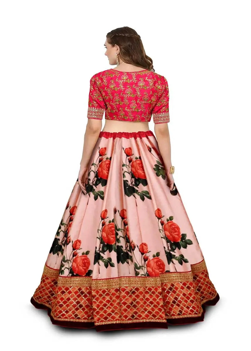 Stylish pink art silk print lehenga