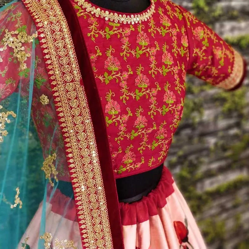 Stylish pink art silk print lehenga