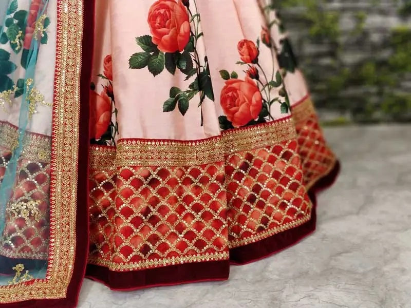 Stylish pink art silk print lehenga