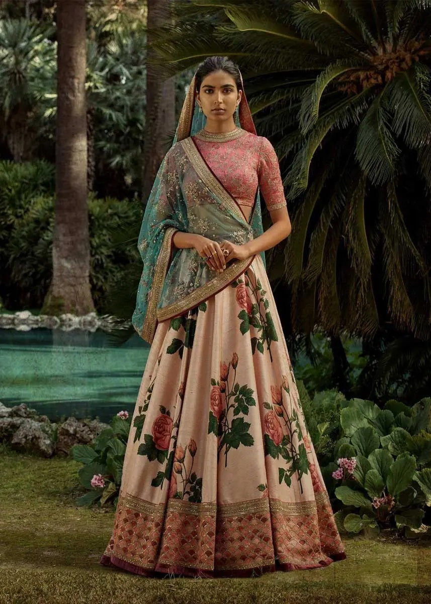Stylish pink art silk print lehenga