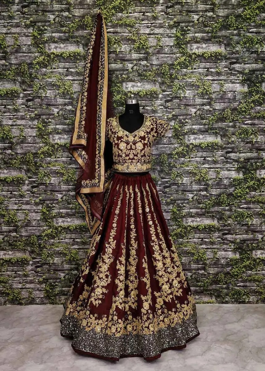 Stylish raw silk maroon lehenga