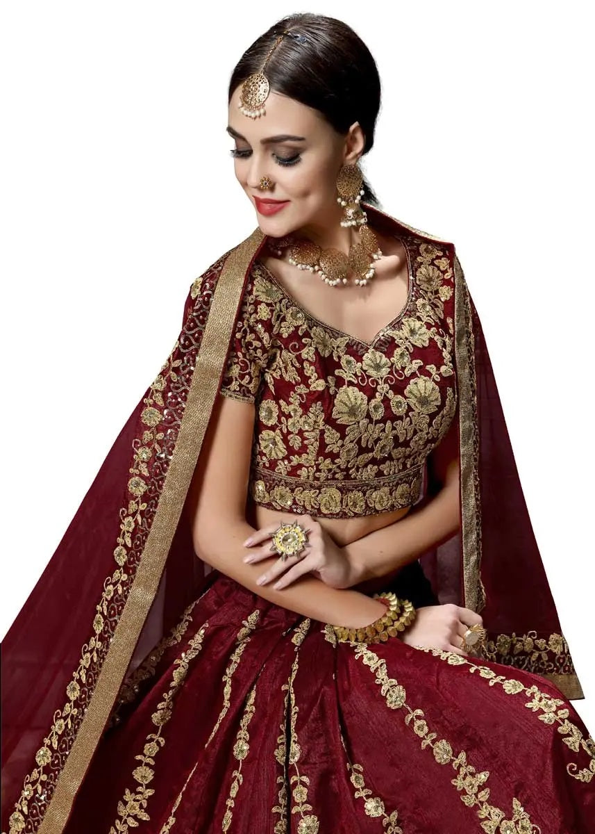 Stylish raw silk maroon lehenga