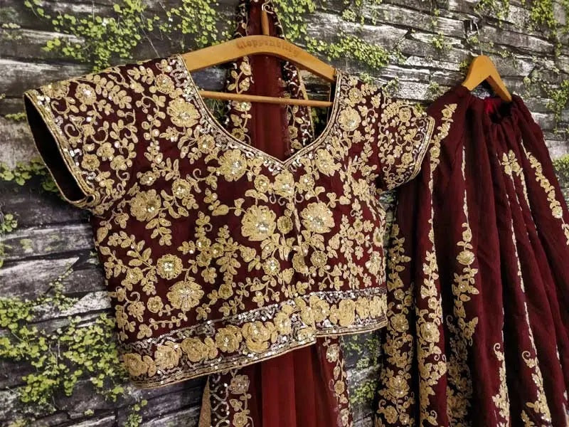 Stylish raw silk maroon lehenga