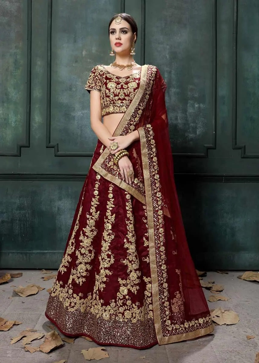 Stylish raw silk maroon lehenga