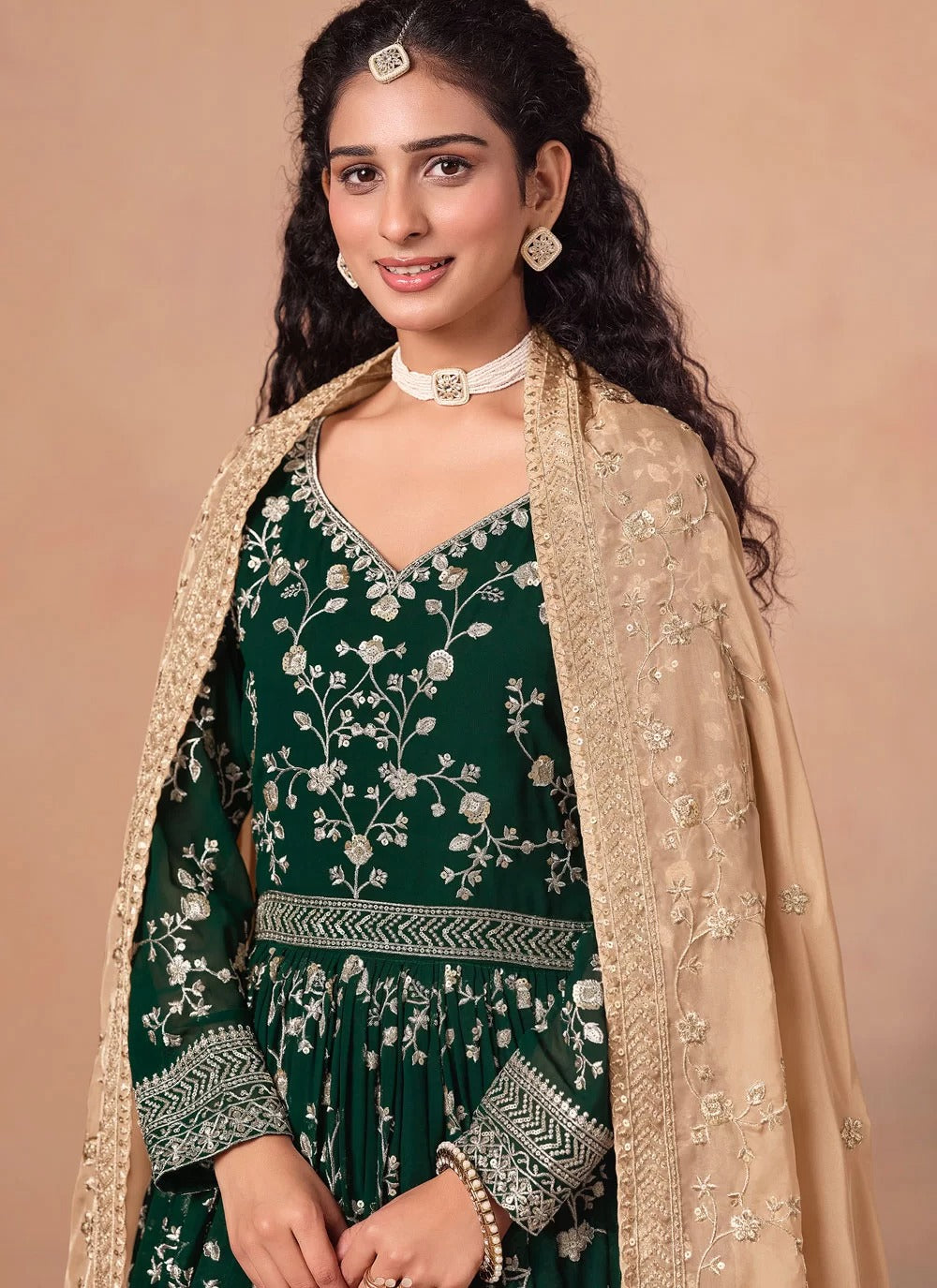Elegant green faux georgette anarkali suit with organza dupatta