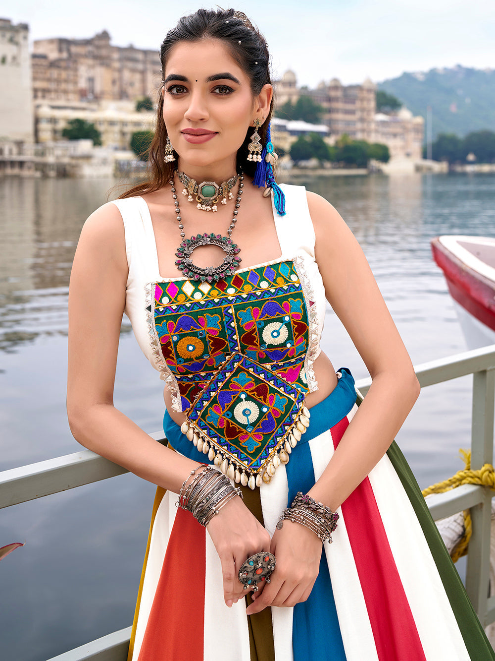 Multicolor rayon garba lehenga choli with gota patti gamthi mirror work