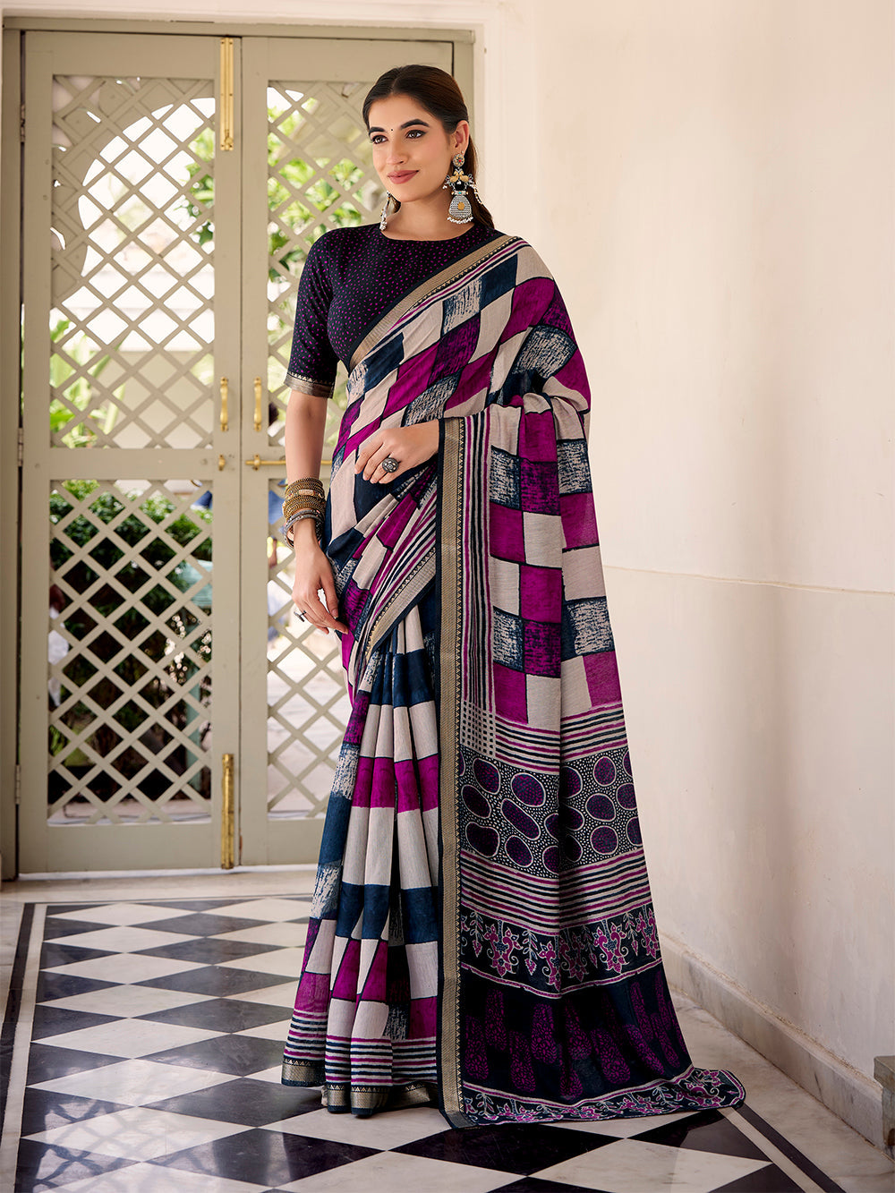 Navy blue viscose chanderi check print saree with temple lace border blouse piece