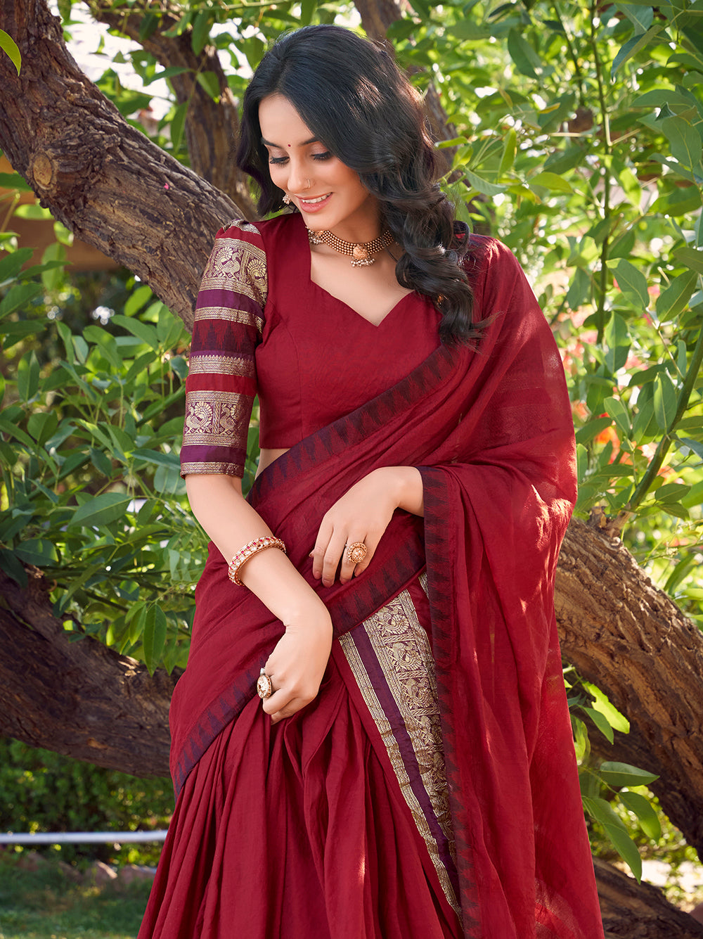Bridal red chanderi lehenga choli with zari woven border matching dupatta