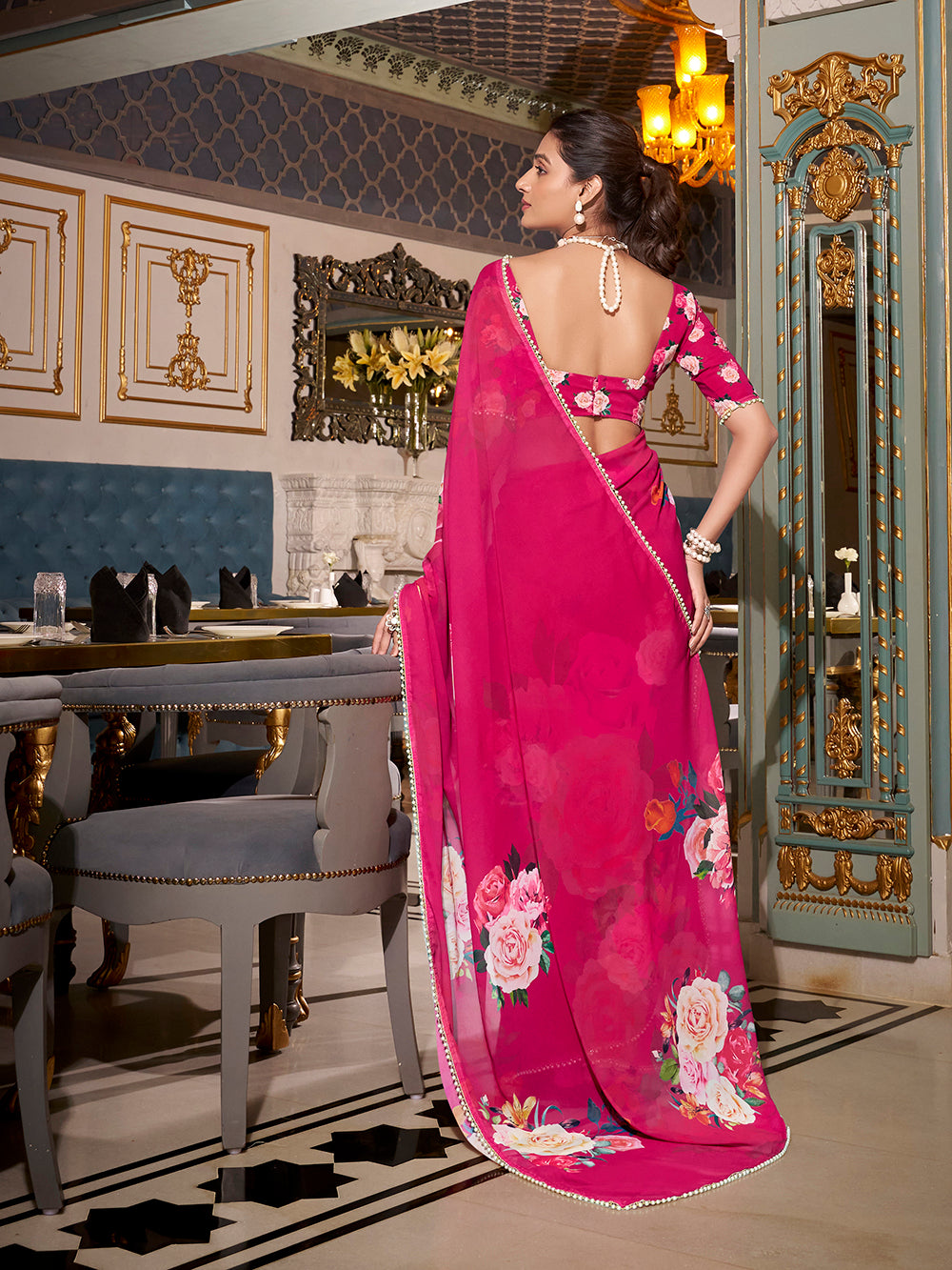 Pink georgette plain saree with printed pearl lace border