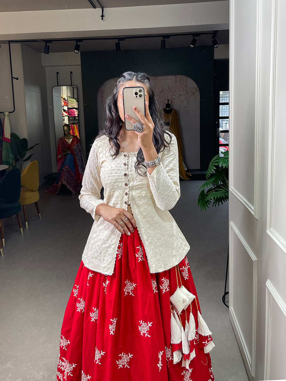 Red Color Sequins And Lucknowi Work Cotton Co-Ord Set Lehenga Choli