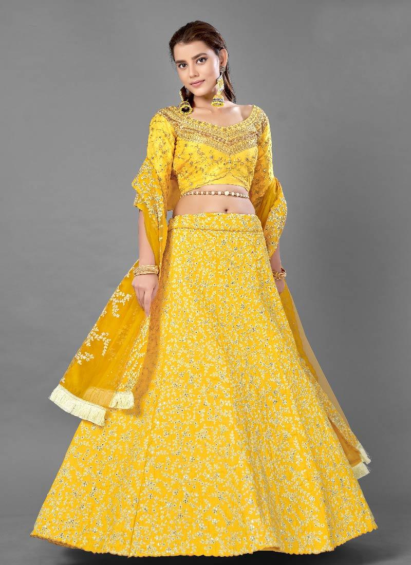 Sunshine Yellow Color Art Silk Base Designer Look Flared Lehenga Choli