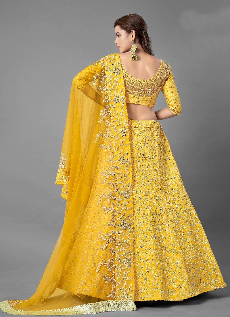 Sunshine Yellow Color Art Silk Base Designer Look Flared Lehenga Choli