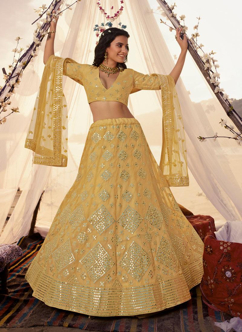 Sunshine Yellow Foil Mirror Resham Lehenga Choli Set