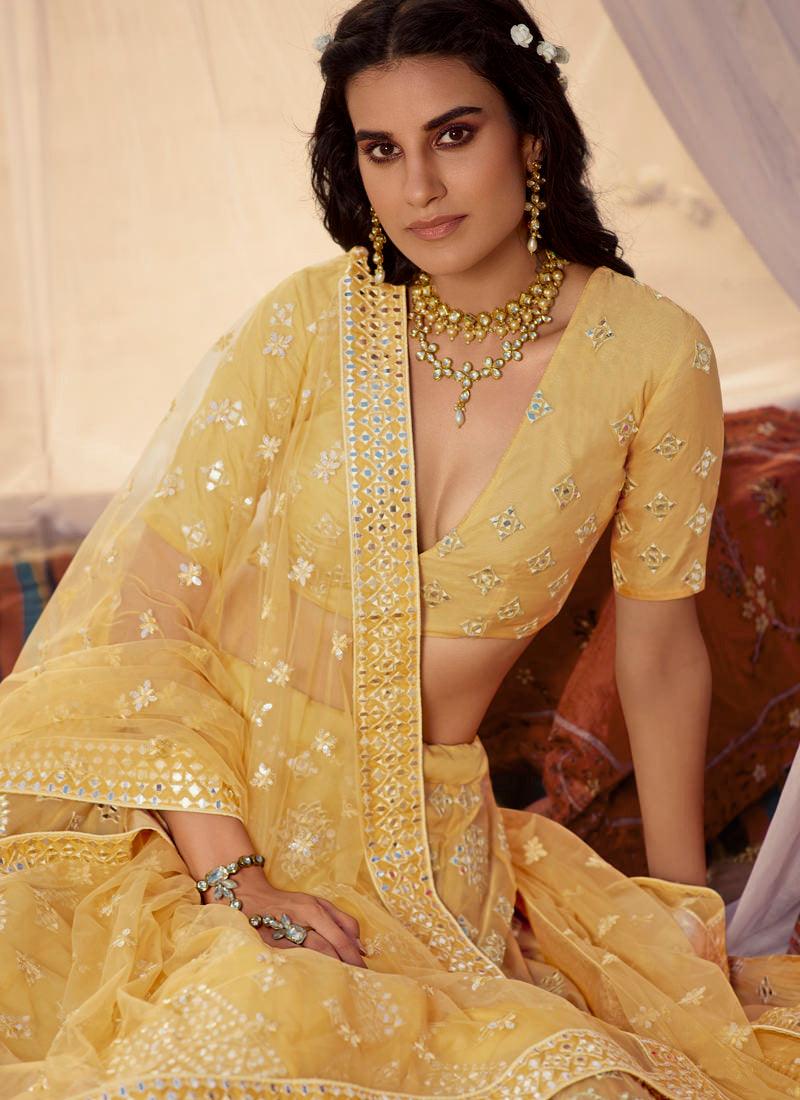 Sunshine Yellow Foil Mirror Resham Lehenga Choli Set