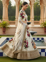 Superb Cream Floral Printed Silk Evening Wear Lehenga Choli With Dupatta