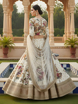 Superb Cream Floral Printed Silk Evening Wear Lehenga Choli With Dupatta
