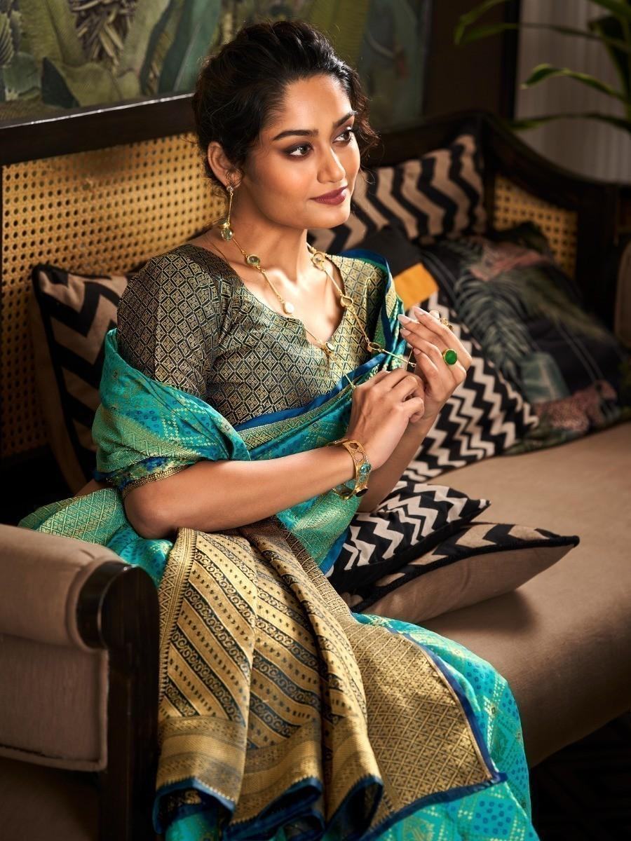 Superb Firozi Weaving Silk Festive Wear Saree With Blouse
