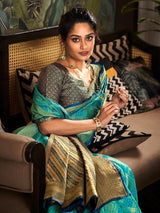 Superb Firozi Weaving Silk Festive Wear Saree With Blouse